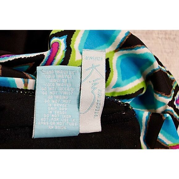 Kim Rogers Strapless Black Geometric One Piece Skirted Swimsuit SMALL Poolcore - Picture 7 of 9